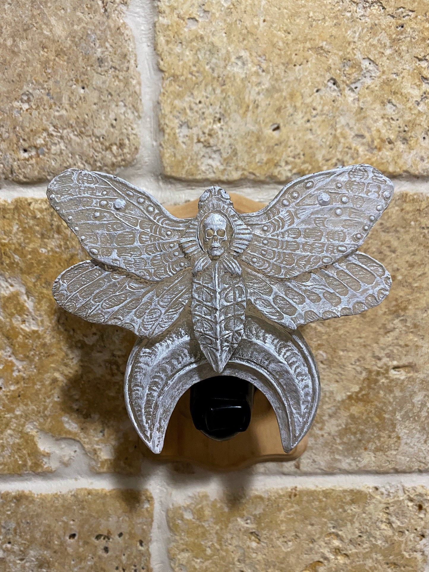 Death's Head Moth Nightlight, Hand Painted Resin Sculpture | Witchy Gothic Night Light | Moth and Moon Light for Gothic Fantasy Home Decor