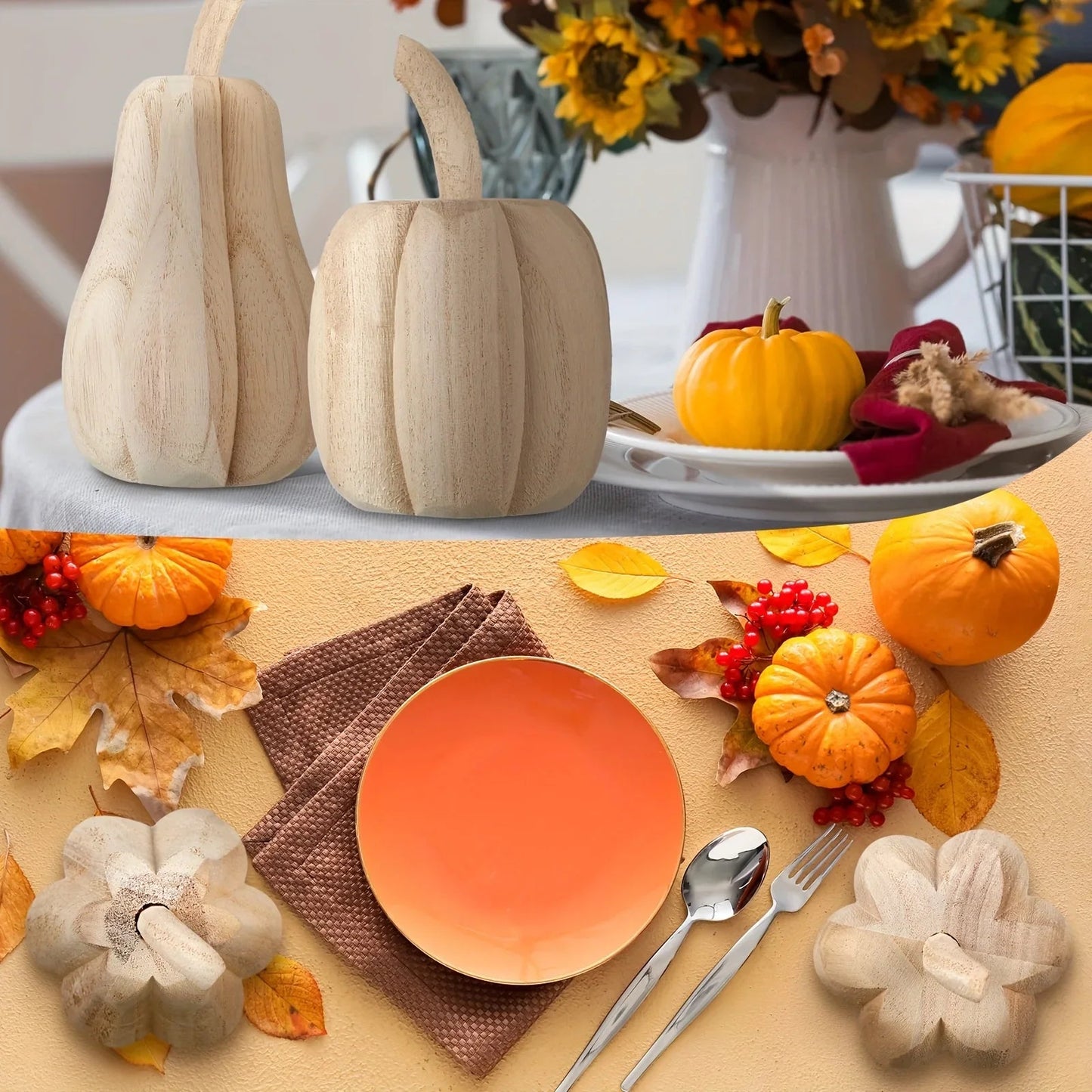 2pcs Hand-Carved Paulownia Wood Pumpkins - 6.5" & 4.5" Farmhouse Thanksgiving Decor, Natural Wood Grain Harvest Table Centerpiece, Rustic Home Signage, No Electricity Needed, Farmhouse Rustic Decor, Seasonal Table Centerpiece