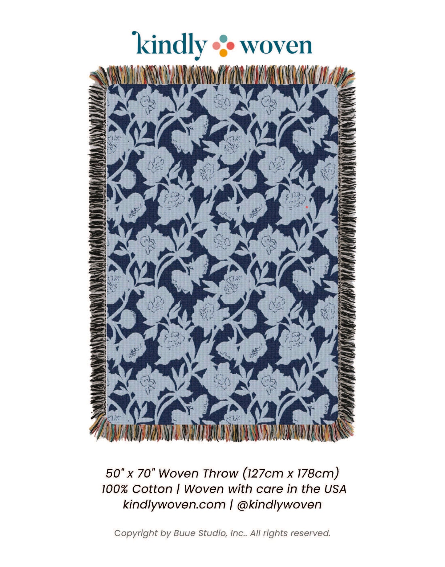 Addy Delft Blue Floral Jacquard Woven Throw Blanket, Reversible Cotton Throw, Made in USA