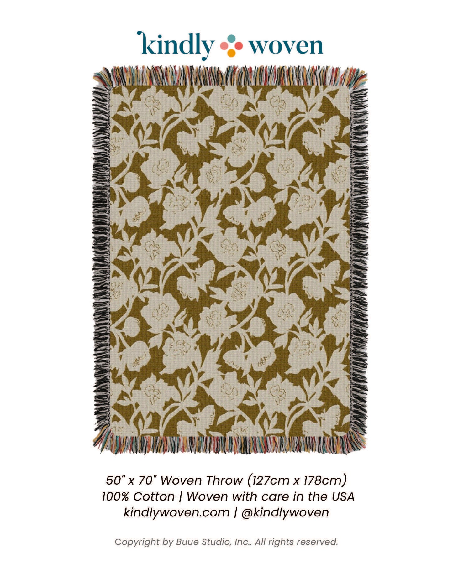 Addy Ochre Gold Floral Jacquard Woven Throw Blanket, Reversible Cotton Throw, Made in USA