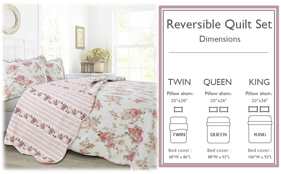 Spring Rose Floral Scalloped 3-Piece Cotton Reversible Quilt Bedding Set