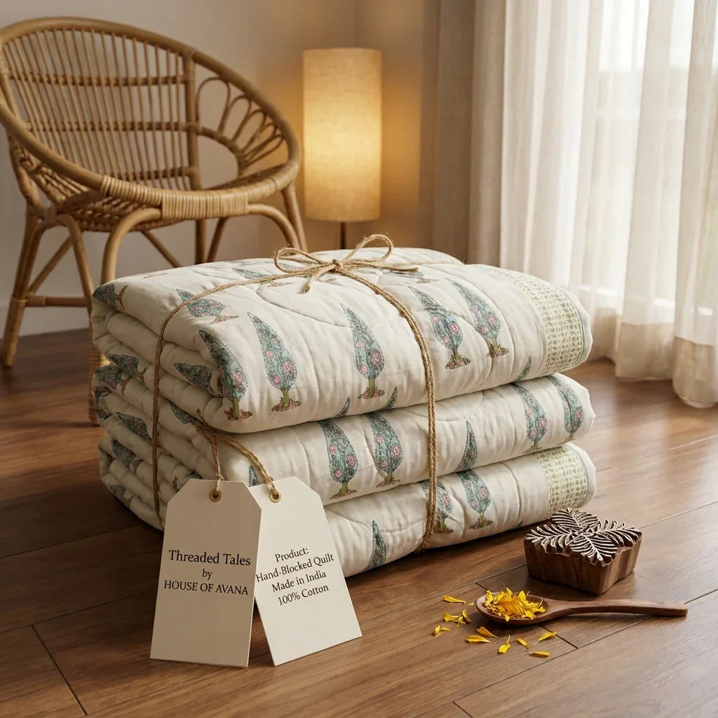 House of Avana Cream & Rust Sage Floral Jaipur Indian Hand Block Print Quilted Comforter