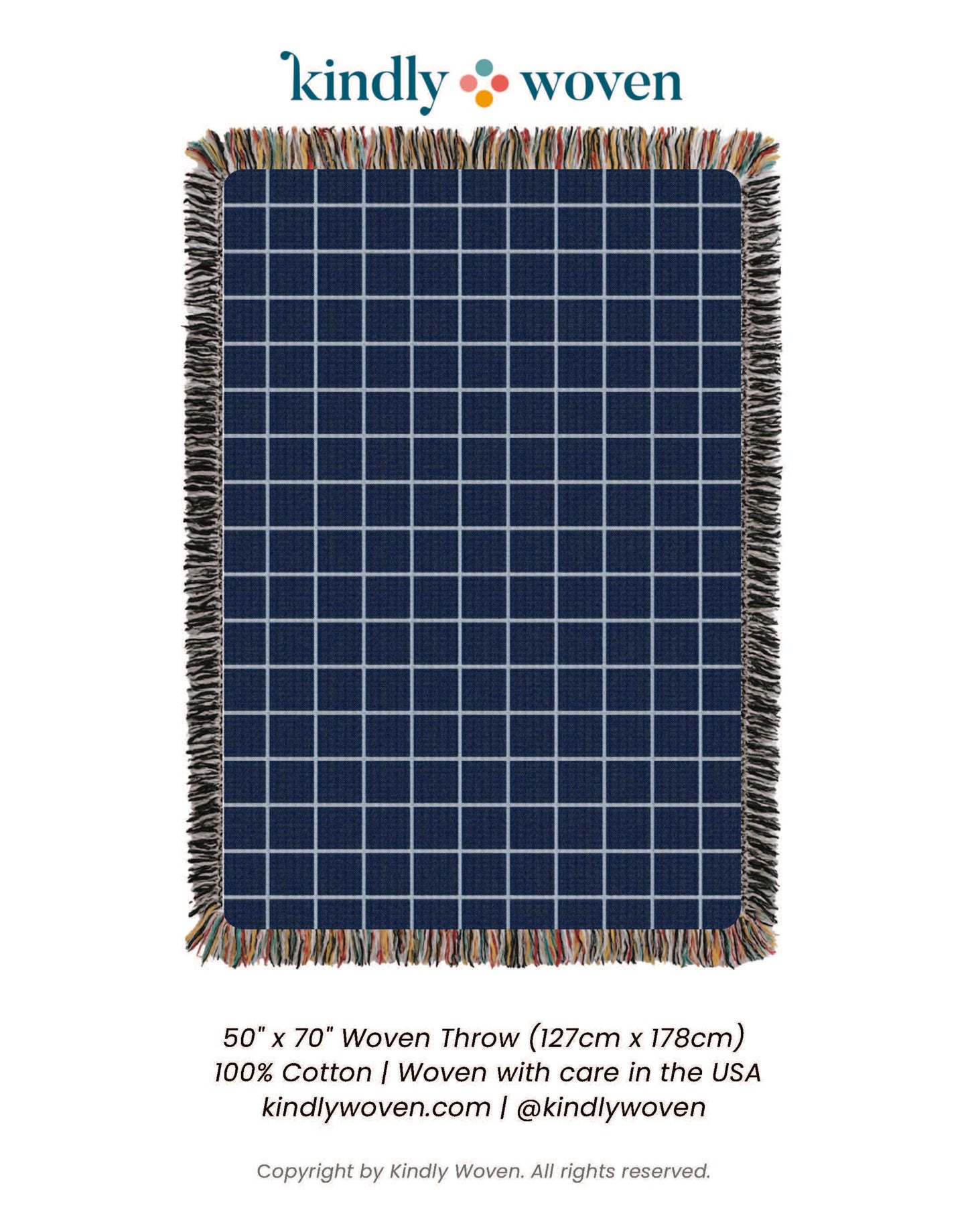 Greer Lapis Blue Grid Jacquard Woven Throw Blanket, Reversible Cotton Throw, Made in USA