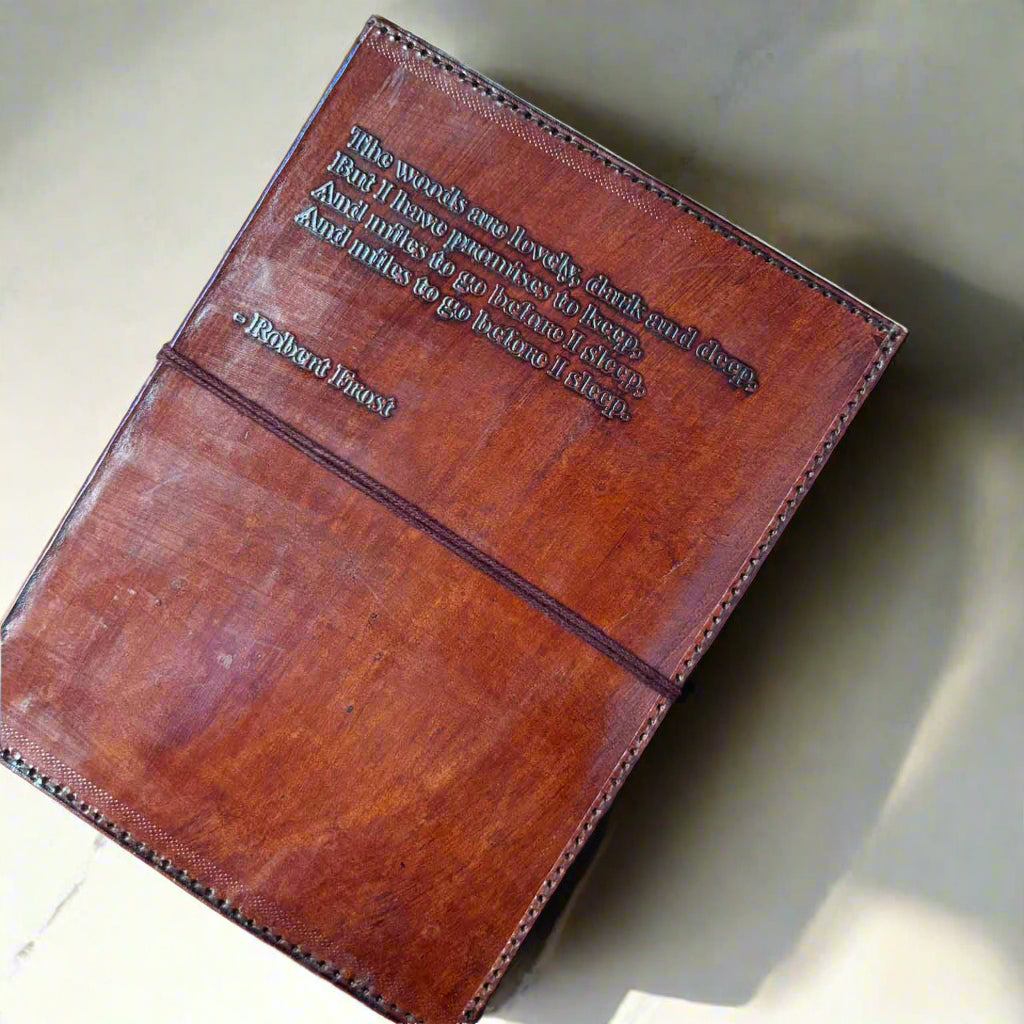 Robert Frost Refillable Leather Journal - "The Woods Are Lovely" Quote