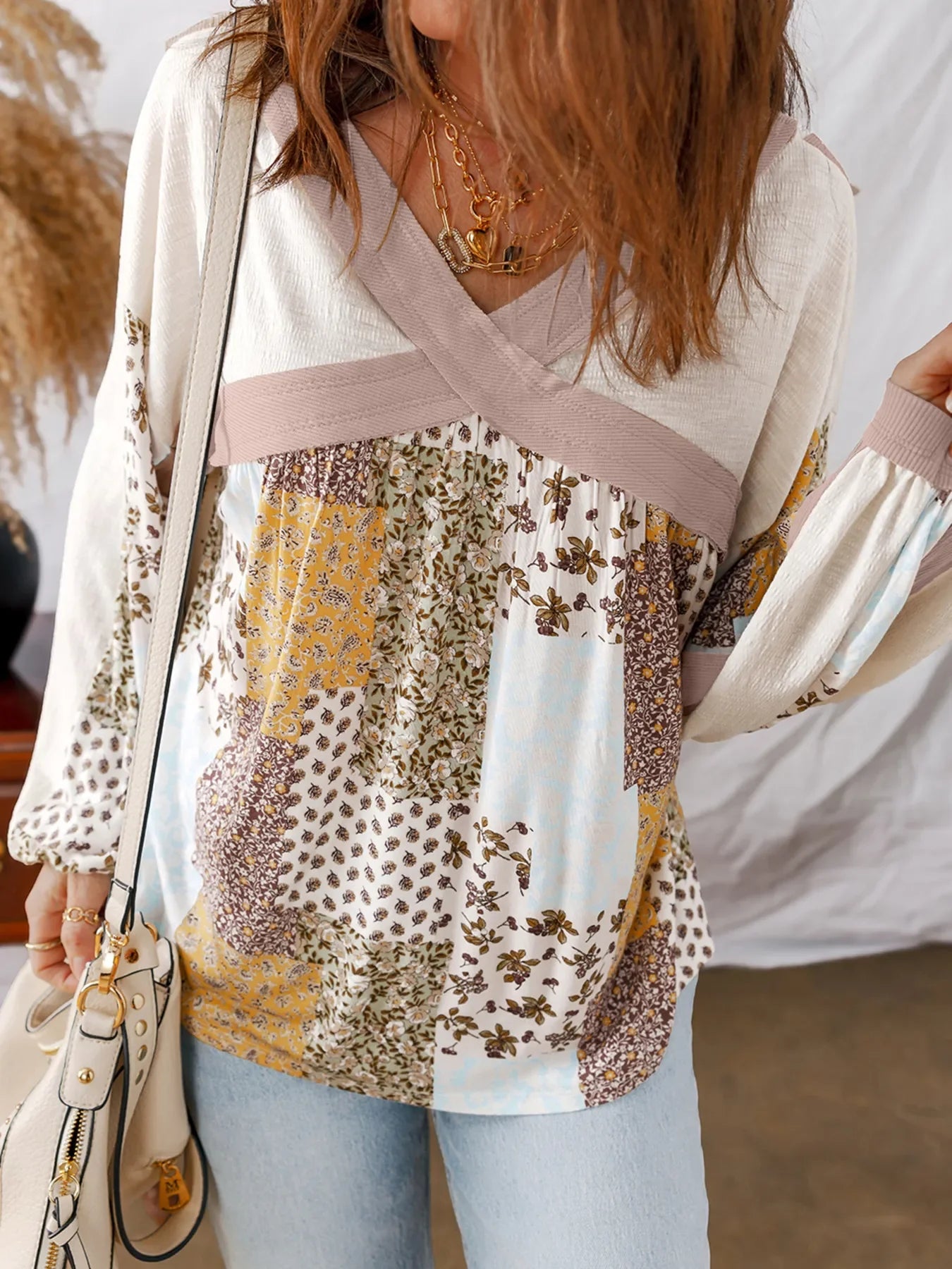 Floral Printed Contrast Patchwork Long Sleeve Top