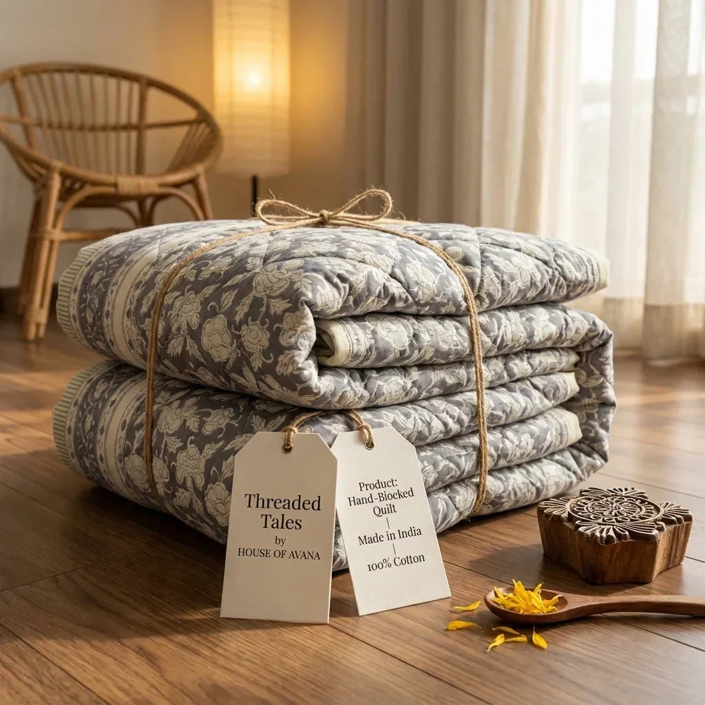 House of Avana Cream & Taupe Floral Jaipur Indian Hand Block Print Quilted Comforter
