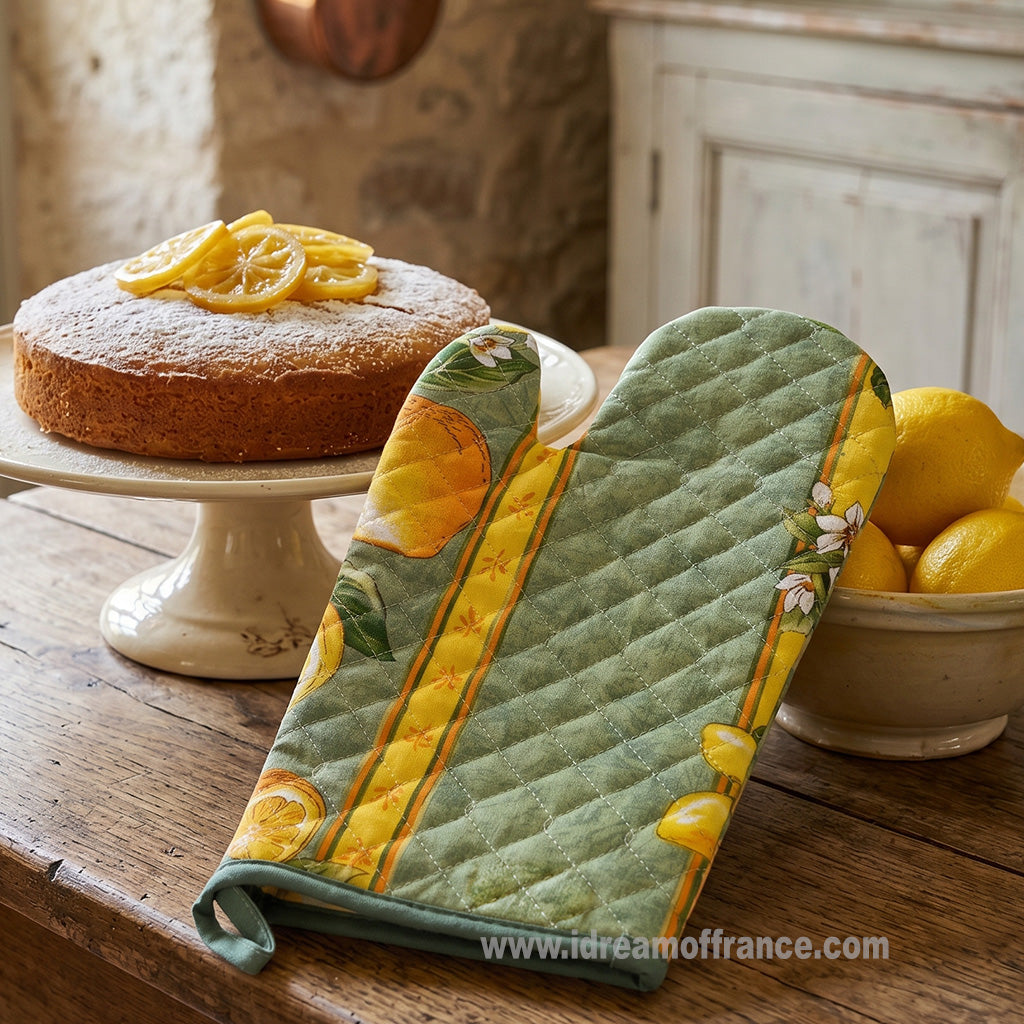 Lemons Green Cotton Oven Mitt by Tissus Toselli