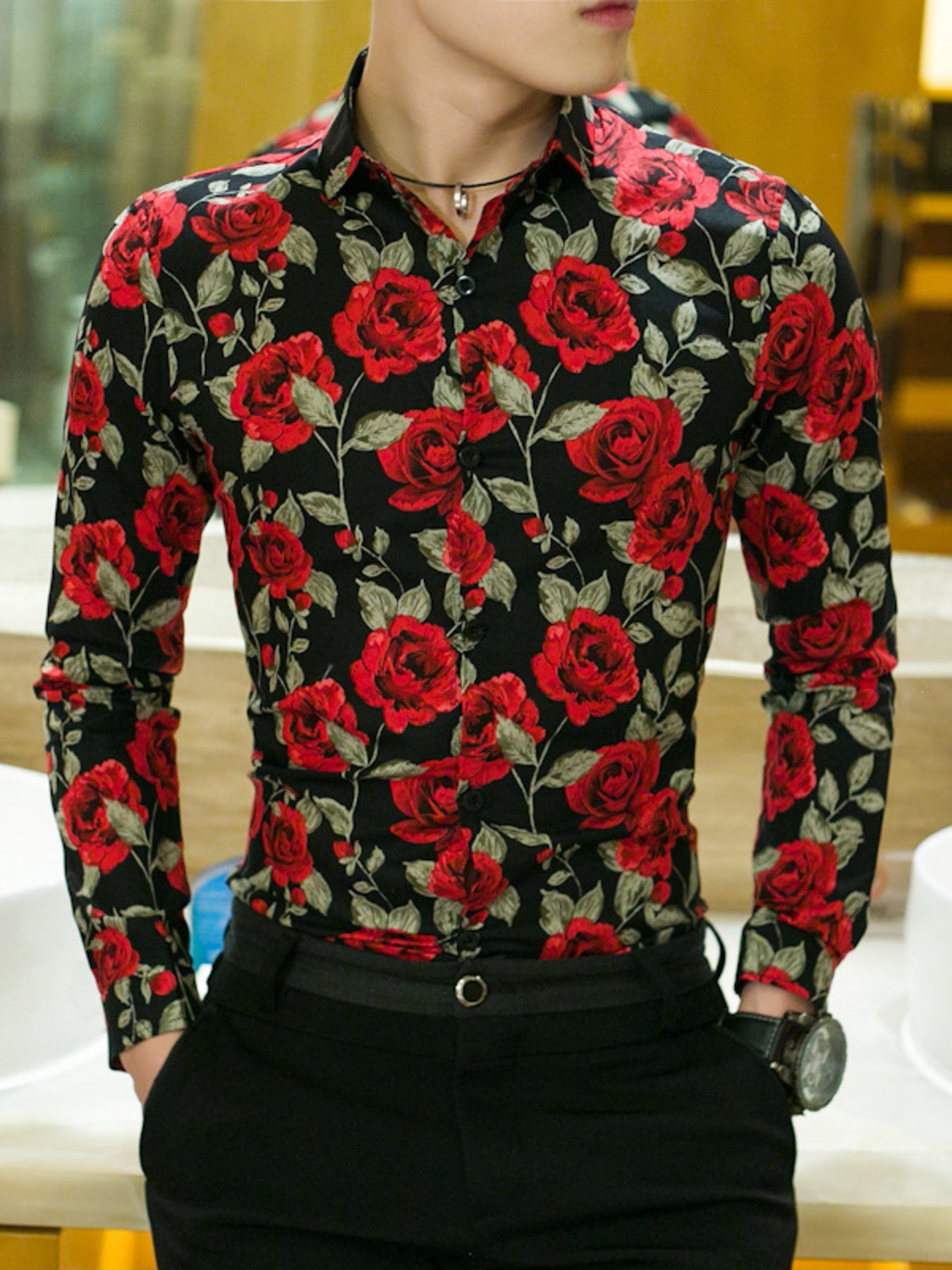 Men's Plus Size Floral Print Slim Fit Long Sleeve Shirt