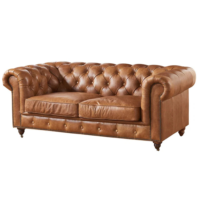 Century Chesterfield Love Seat - Light Brown Leather