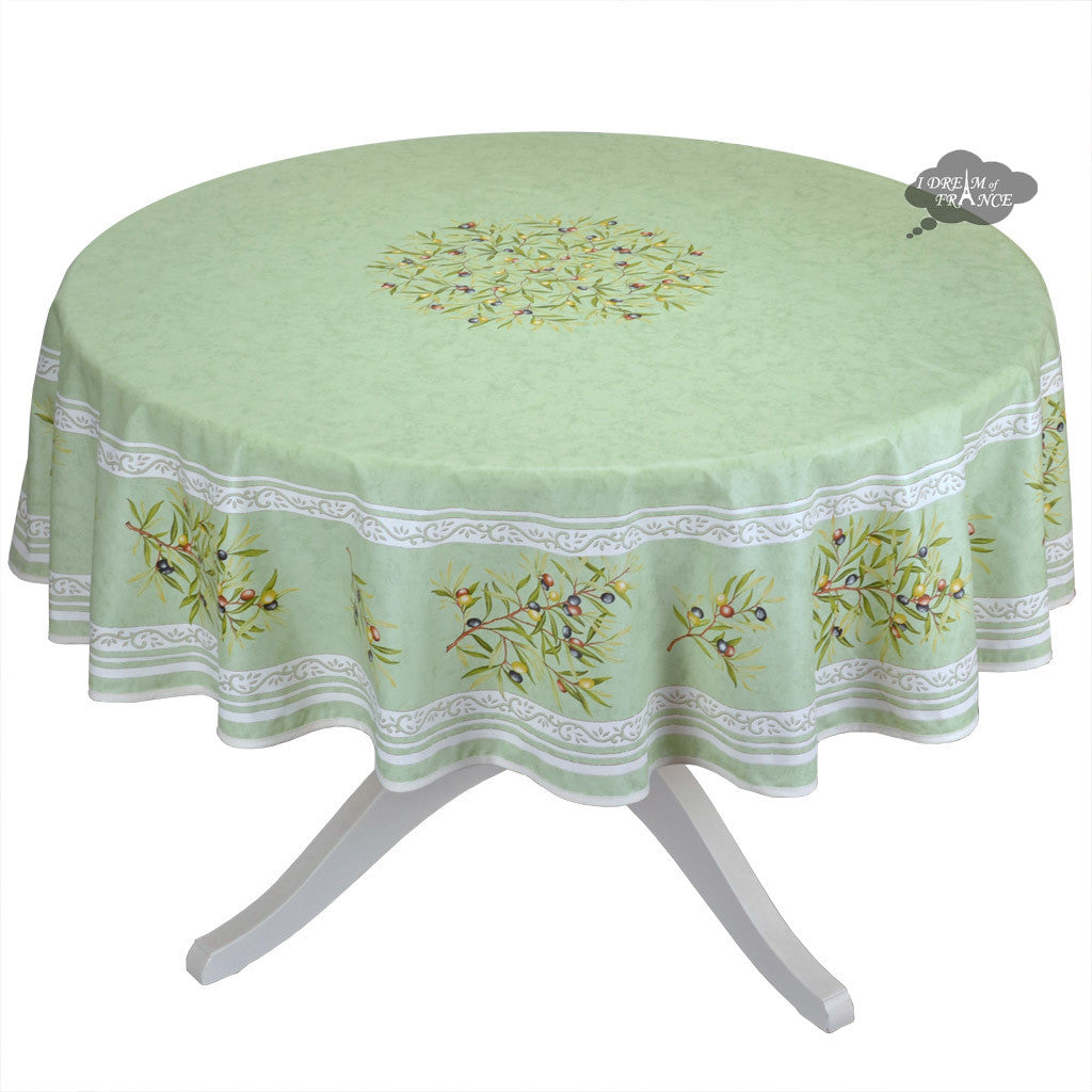 French Provencal tablecloth - Cotton, natural or acrylic-coated - 70" round - Clos des Oliviers green | Label France