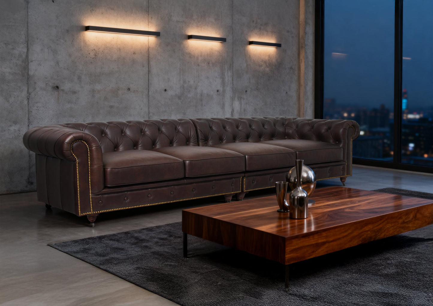 Belgravia Chesterfield Top Grain Leather Sofa with Tufted Back & Rolled Arms