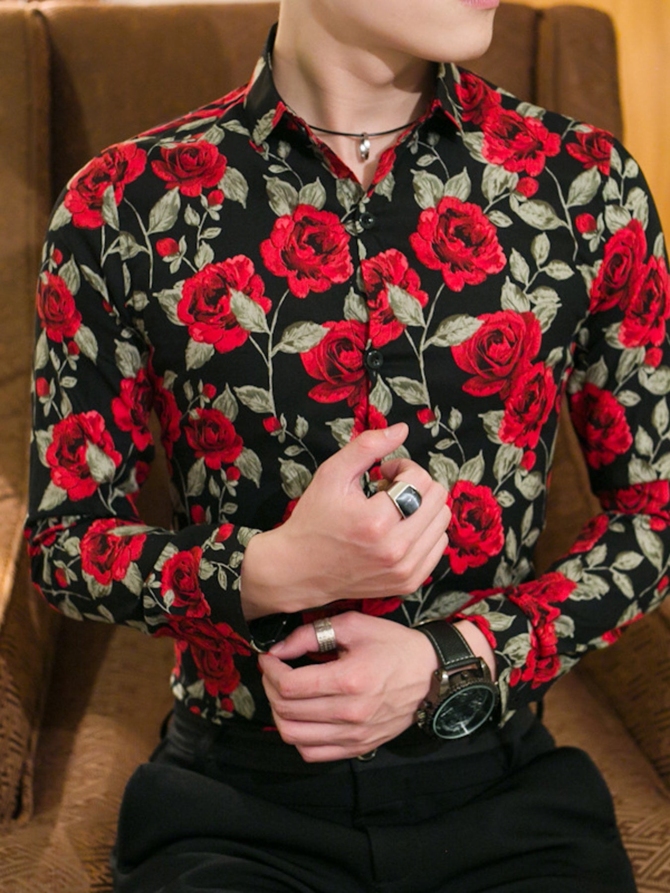 Men's Plus Size Floral Print Slim Fit Long Sleeve Shirt