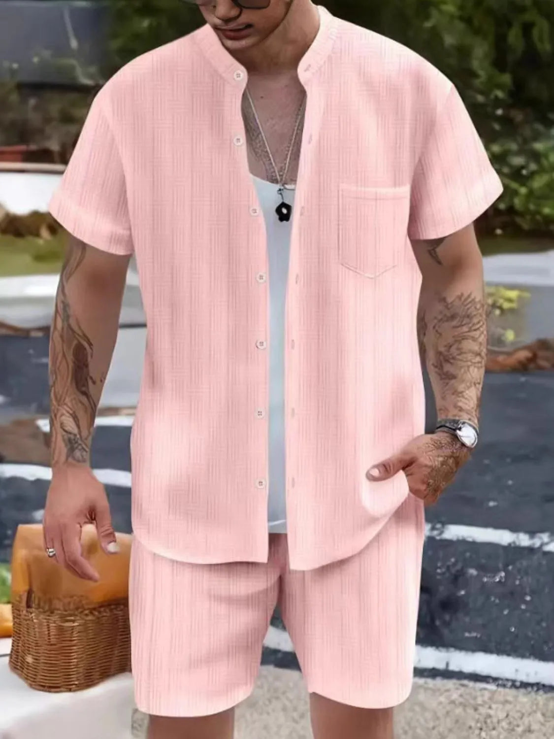 Men's Button Up Short Sleeve Shirt and Shorts Set