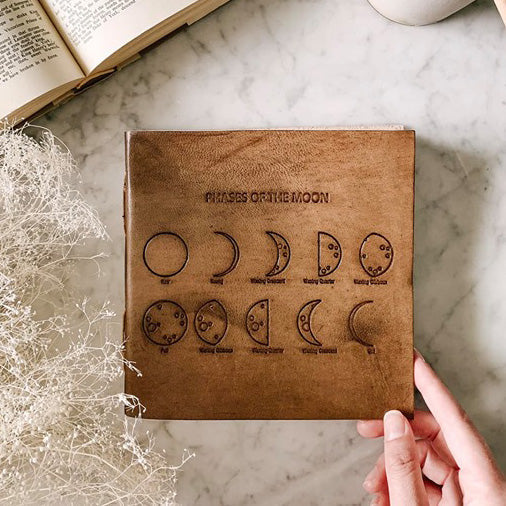 Moon Phases 7x7 Leather Journal | Embossed Square Dream & Reflection Diary