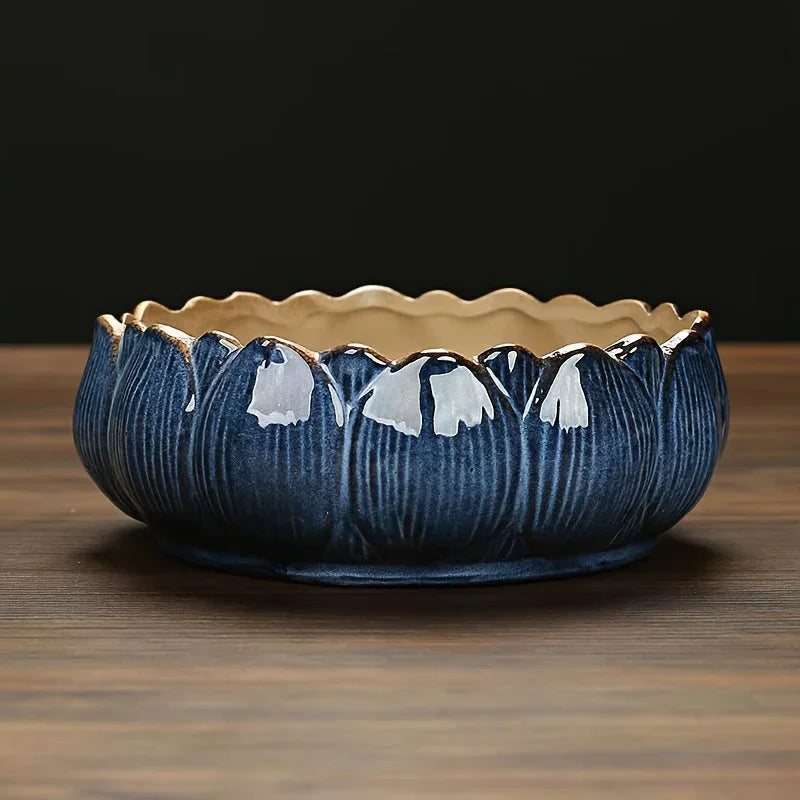 1pc Casual Style Ceramic Flower Pot, Round Tabletop Hydroponic Planter, for Bulbs, Succulents, and Lotus, Indoor and Outdoor Decorative Pot with No Drainage Hole