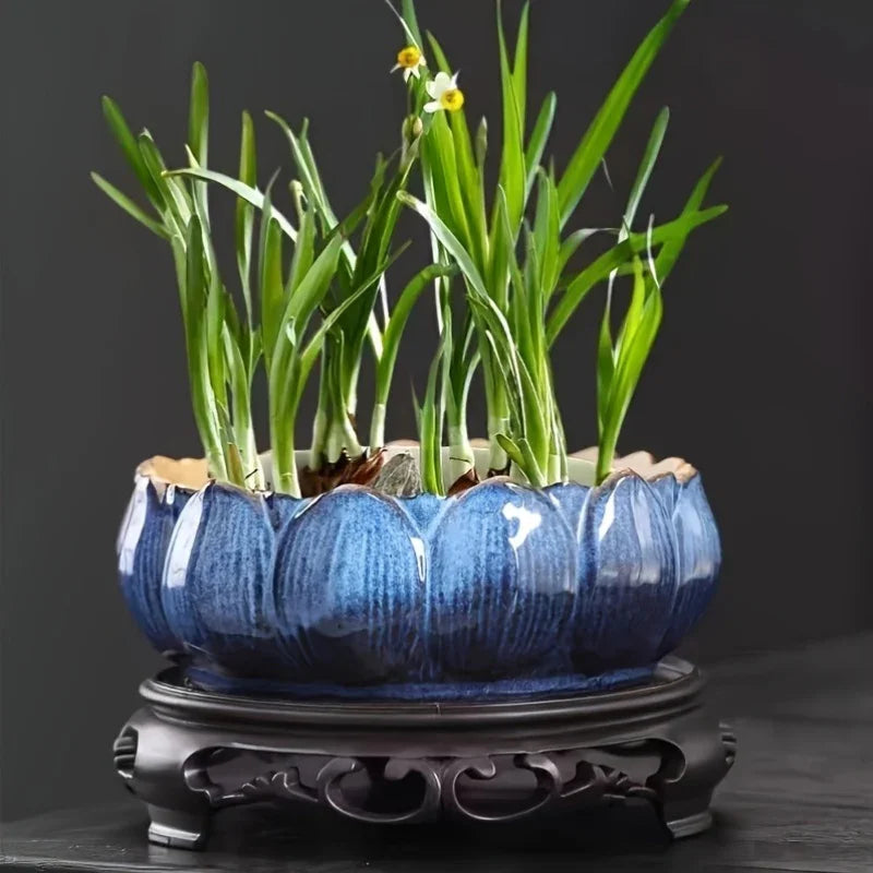 1pc Casual Style Ceramic Flower Pot, Round Tabletop Hydroponic Planter, for Bulbs, Succulents, and Lotus, Indoor and Outdoor Decorative Pot with No Drainage Hole