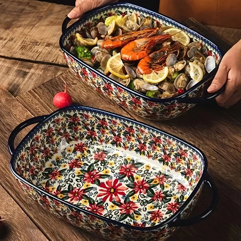1pc Polish Ceramic Rectangular Baking Dish with Handles, Hand-Painted Embossed Floral Design, Versatile Salad/Rice/Cheese Plate for Home Kitchen