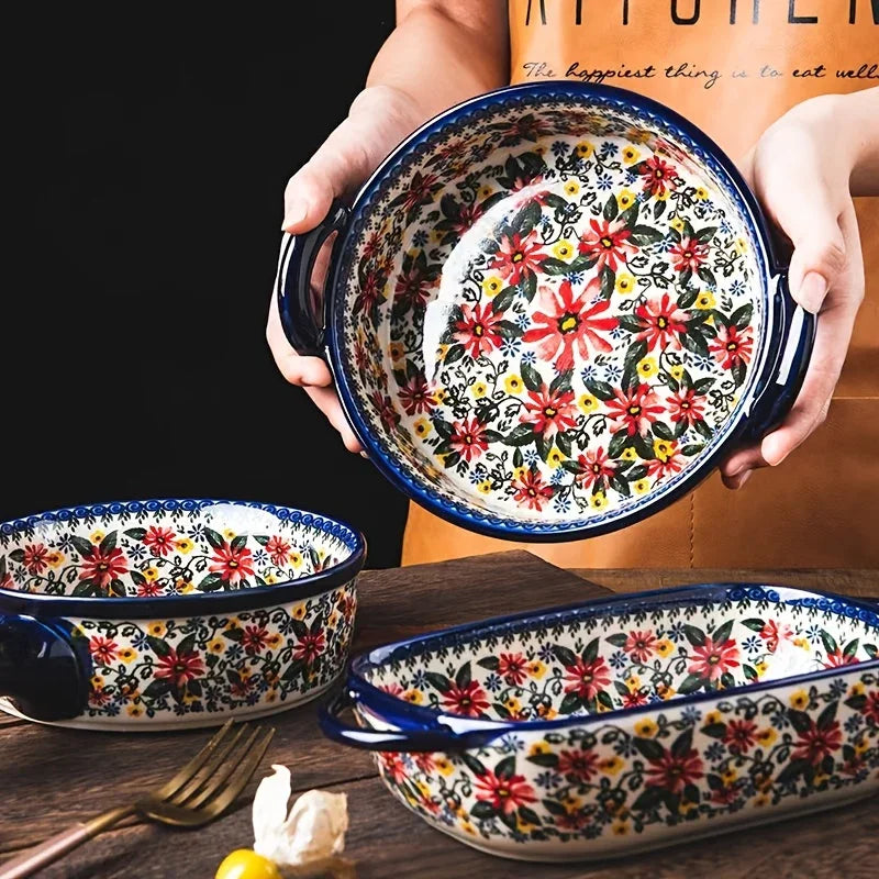 1pc Polish Ceramic Rectangular Baking Dish with Handles, Hand-Painted Embossed Floral Design, Versatile Salad/Rice/Cheese Plate for Home Kitchen