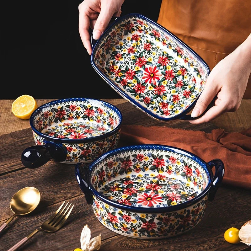 1pc Polish Ceramic Rectangular Baking Dish with Handles, Hand-Painted Embossed Floral Design, Versatile Salad/Rice/Cheese Plate for Home Kitchen