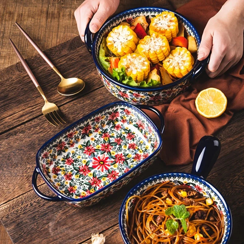 1pc Polish Ceramic Rectangular Baking Dish with Handles, Hand-Painted Embossed Floral Design, Versatile Salad/Rice/Cheese Plate for Home Kitchen
