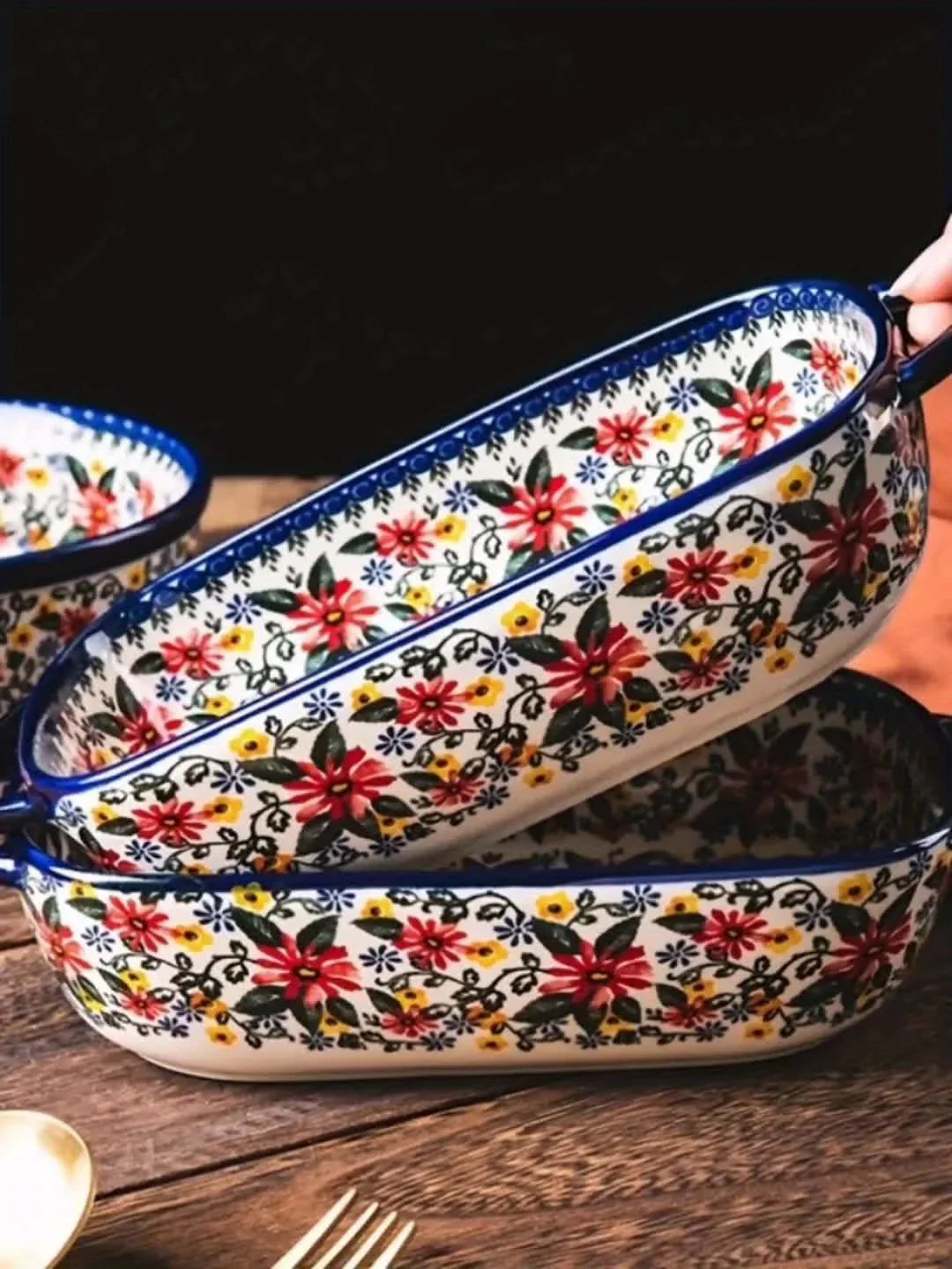 1pc Polish Ceramic Rectangular Baking Dish with Handles, Hand-Painted Embossed Floral Design, Versatile Salad/Rice/Cheese Plate for Home Kitchen