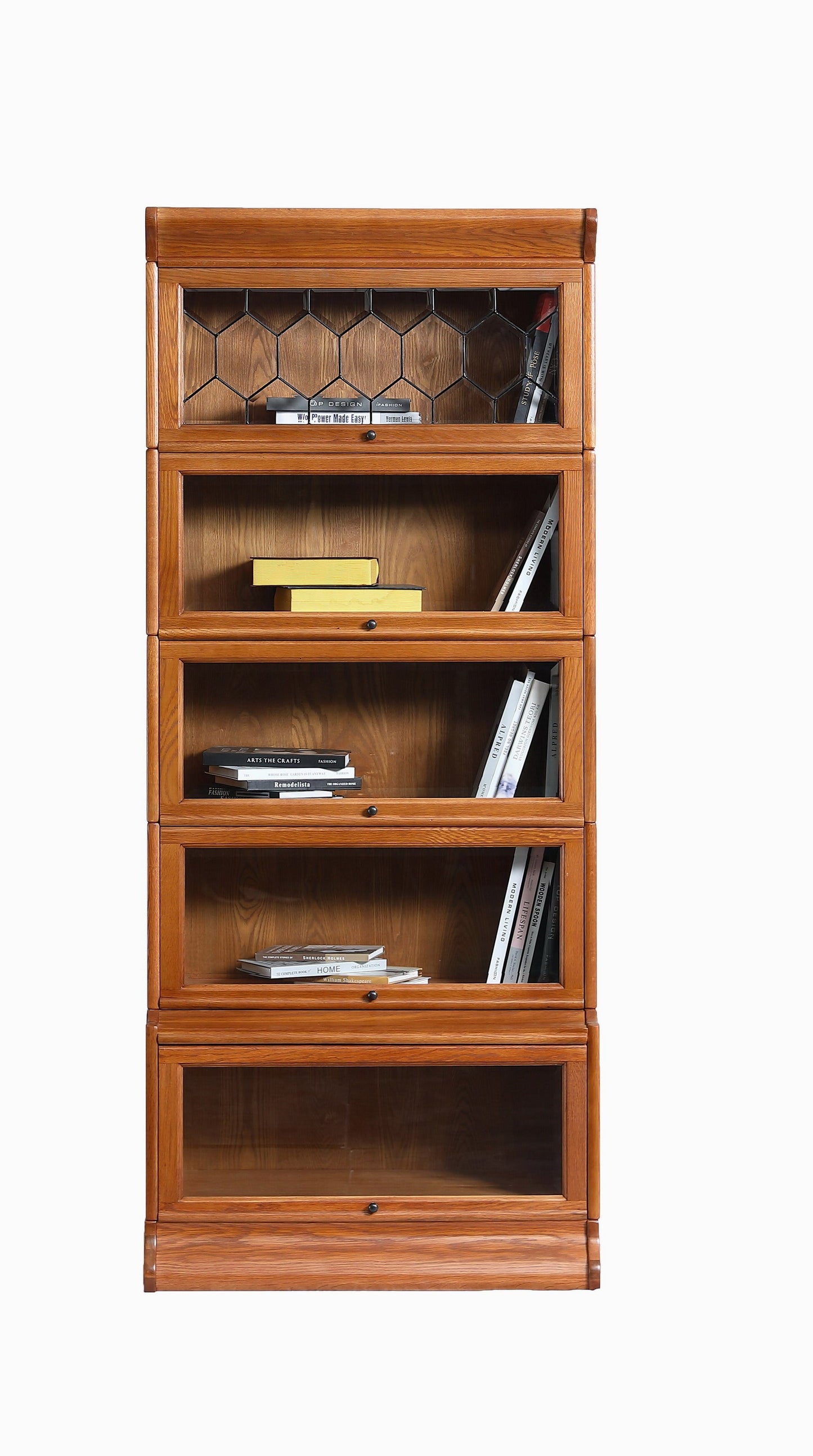 Mission Style Oak Barrister Bookcase 5 Stack-Leaded Glass in 2 Colors