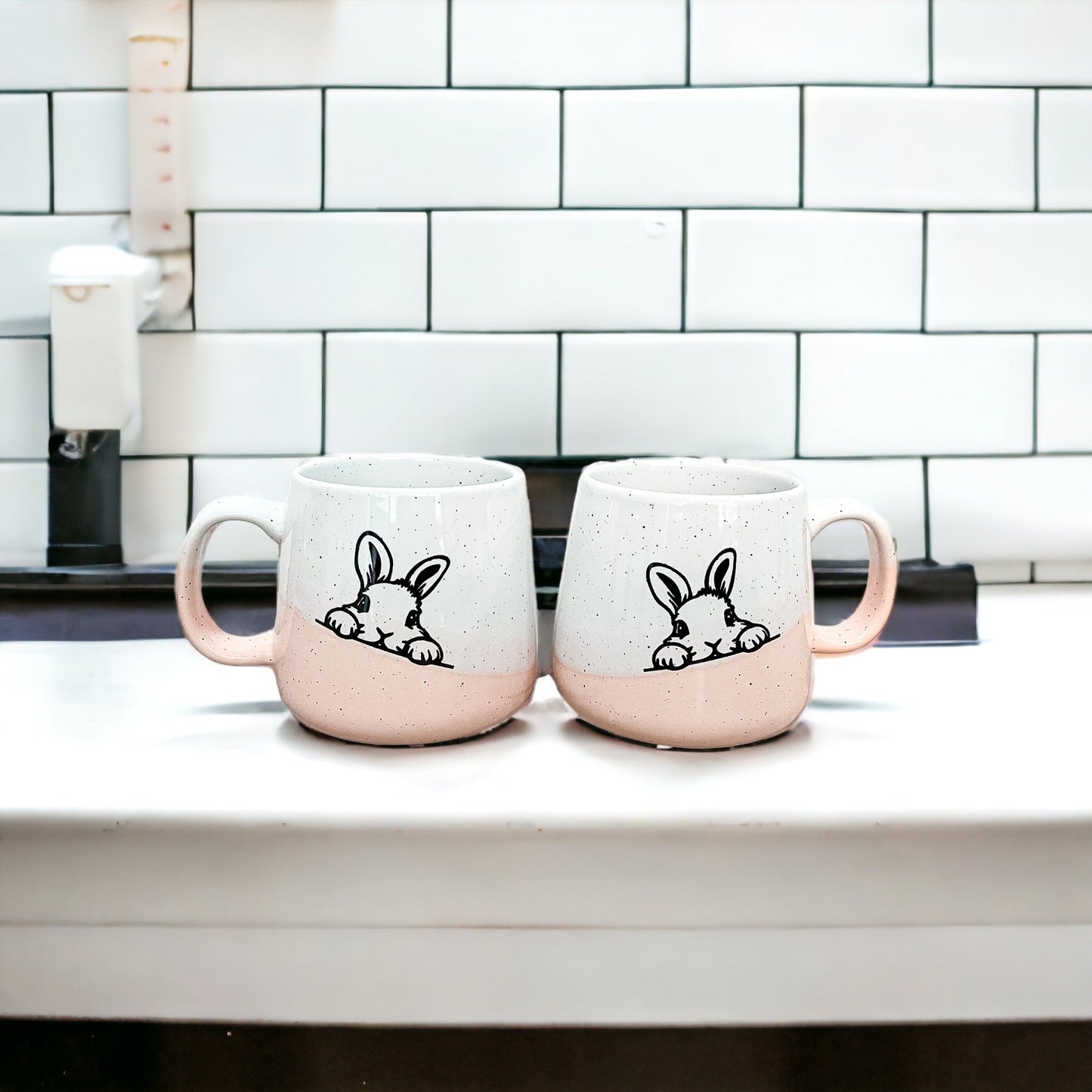 Farmhouse Ceramic Bunny Mug Hand-Painted Ivory With Pastel Pink Base, 12 Oz