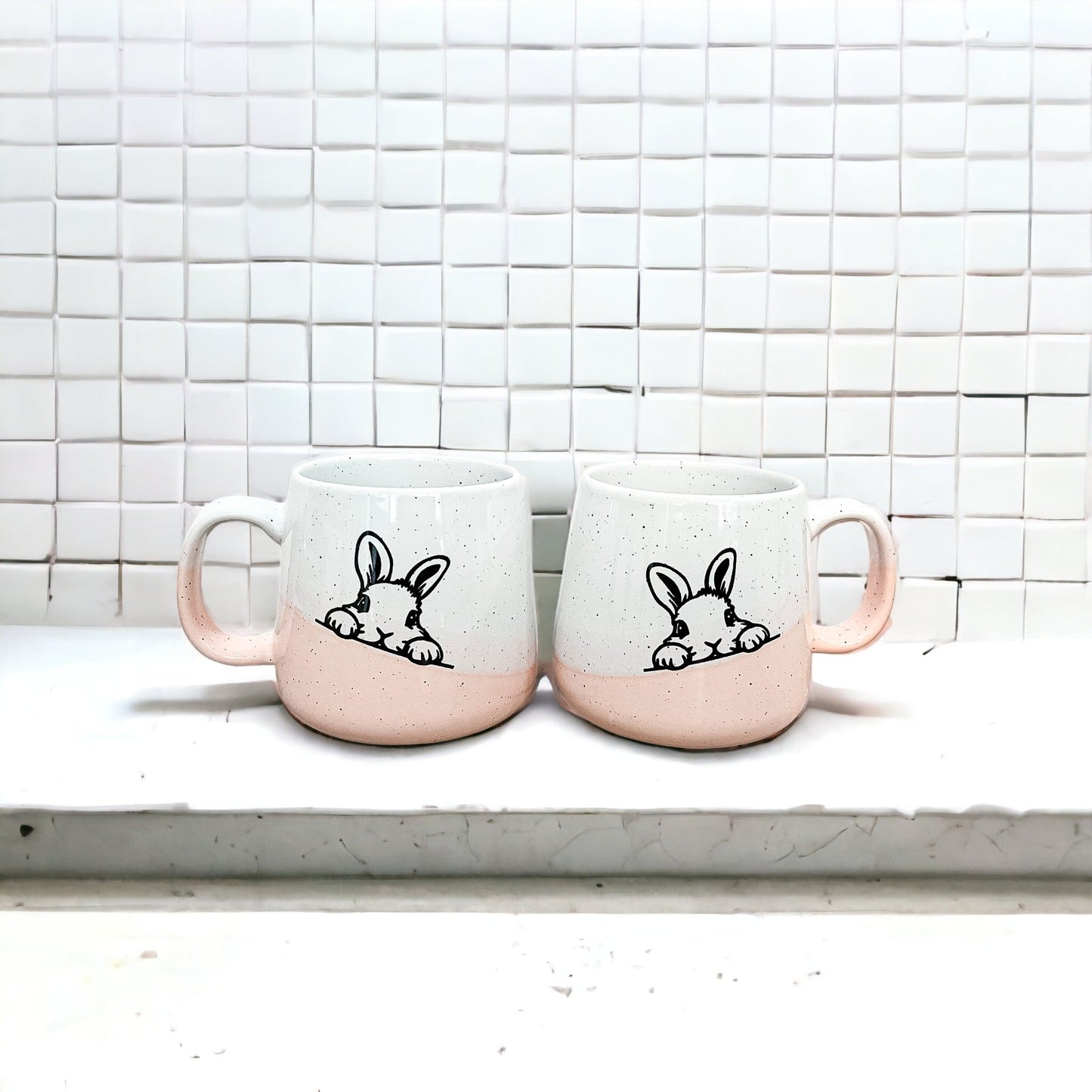 Farmhouse Ceramic Bunny Mug Hand-Painted Ivory With Pastel Pink Base, 12 Oz
