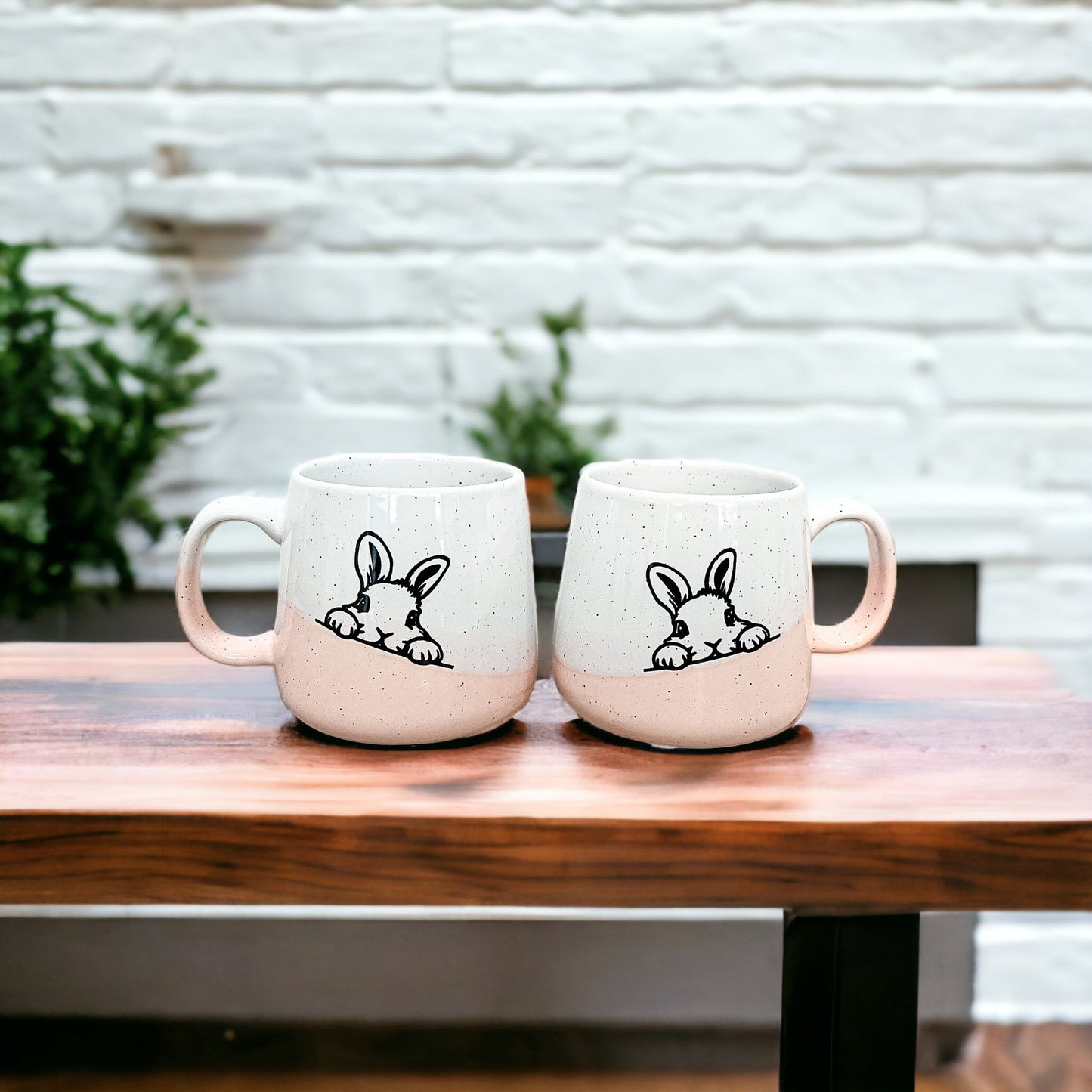 Farmhouse Ceramic Bunny Mug Hand-Painted Ivory With Pastel Pink Base, 12 Oz
