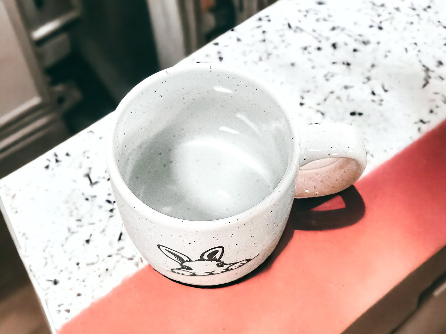Farmhouse Ceramic Bunny Mug Hand-Painted Ivory With Pastel Pink Base, 12 Oz