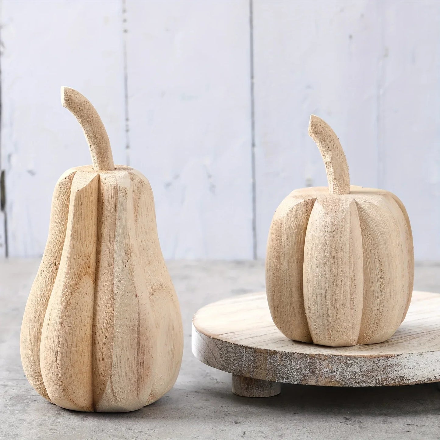 2pcs Hand-Carved Paulownia Wood Pumpkins - 6.5" & 4.5" Farmhouse Thanksgiving Decor, Natural Wood Grain Harvest Table Centerpiece, Rustic Home Signage, No Electricity Needed, Farmhouse Rustic Decor, Seasonal Table Centerpiece