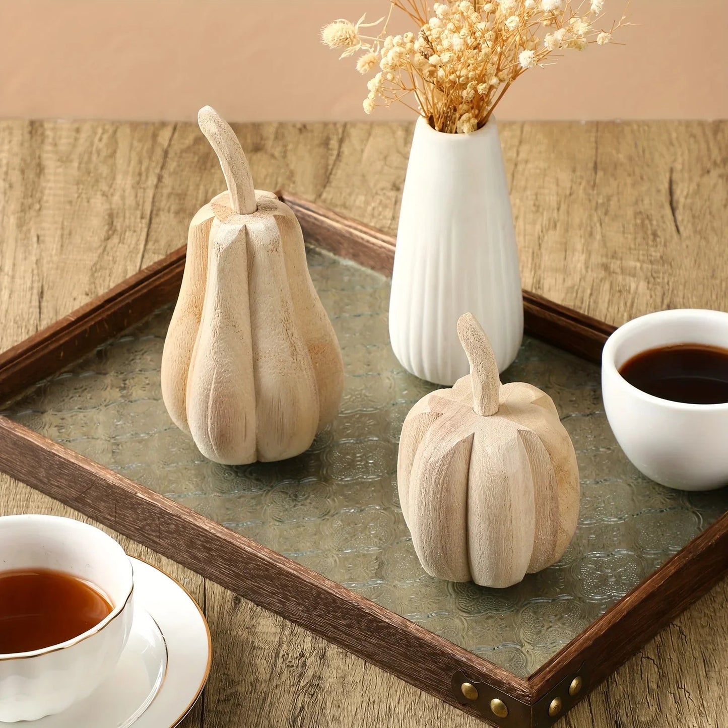 2pcs Hand-Carved Paulownia Wood Pumpkins - 6.5" & 4.5" Farmhouse Thanksgiving Decor, Natural Wood Grain Harvest Table Centerpiece, Rustic Home Signage, No Electricity Needed, Farmhouse Rustic Decor, Seasonal Table Centerpiece