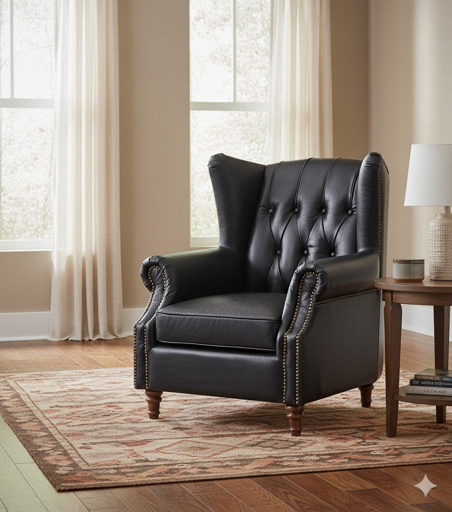 Tufted English Rolled Arm Wing Chair - Top Grain Leather