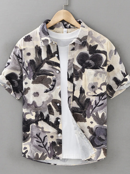 Men's Plus Size Printed Button Up Short Sleeve Shirt
