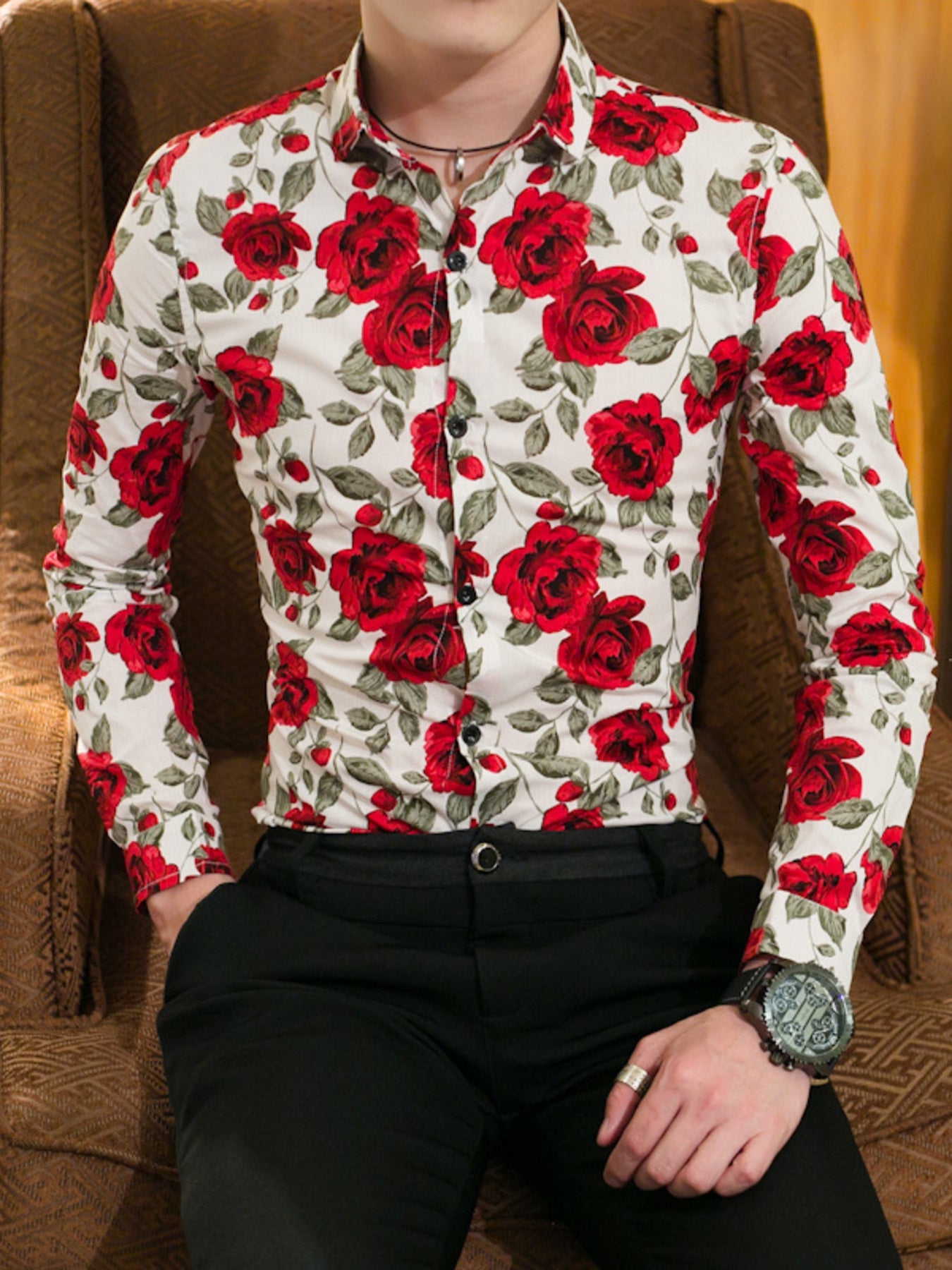 Men's Plus Size Floral Print Slim Fit Long Sleeve Shirt