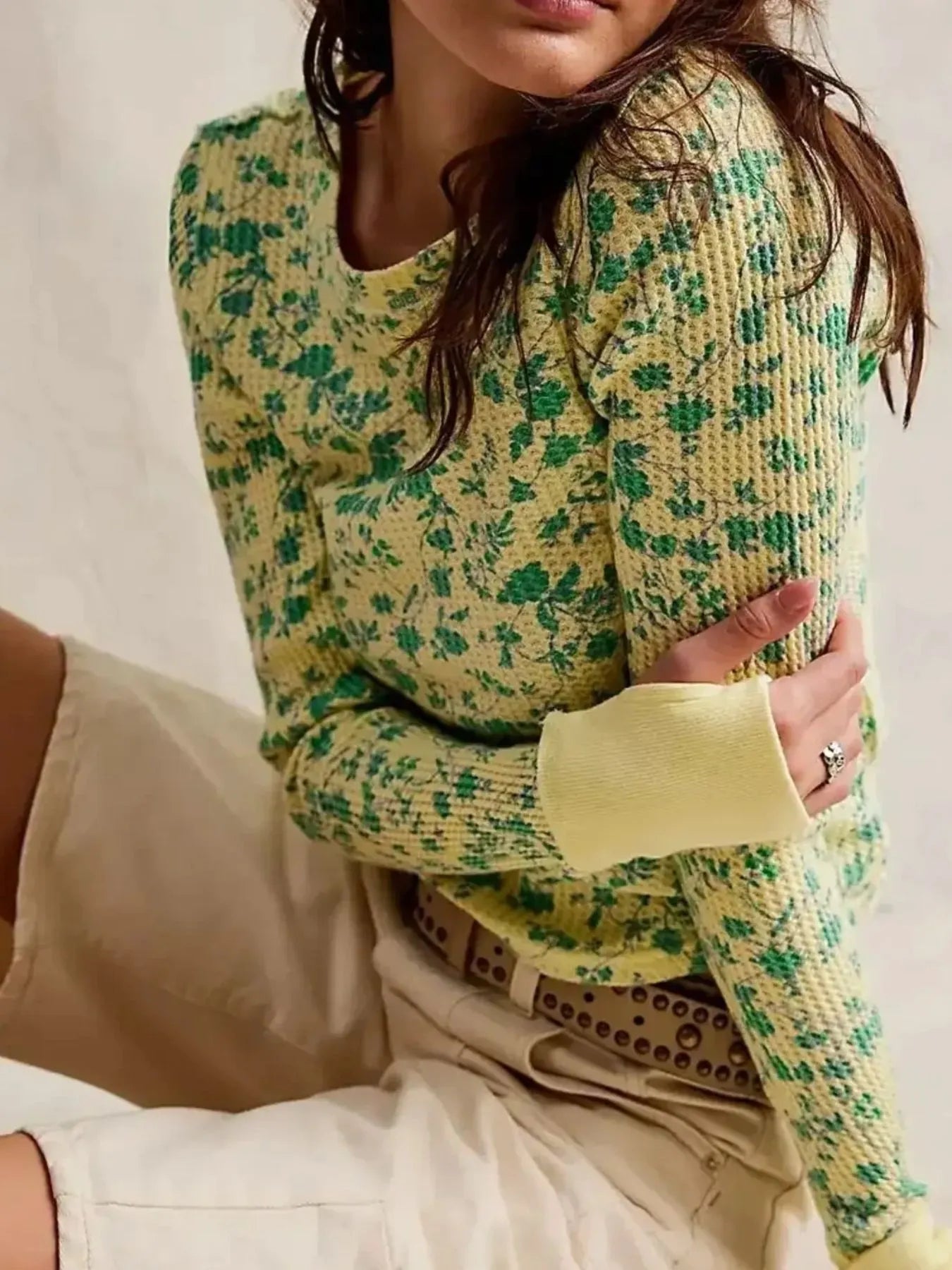 Floral Print Waffle Knit Top