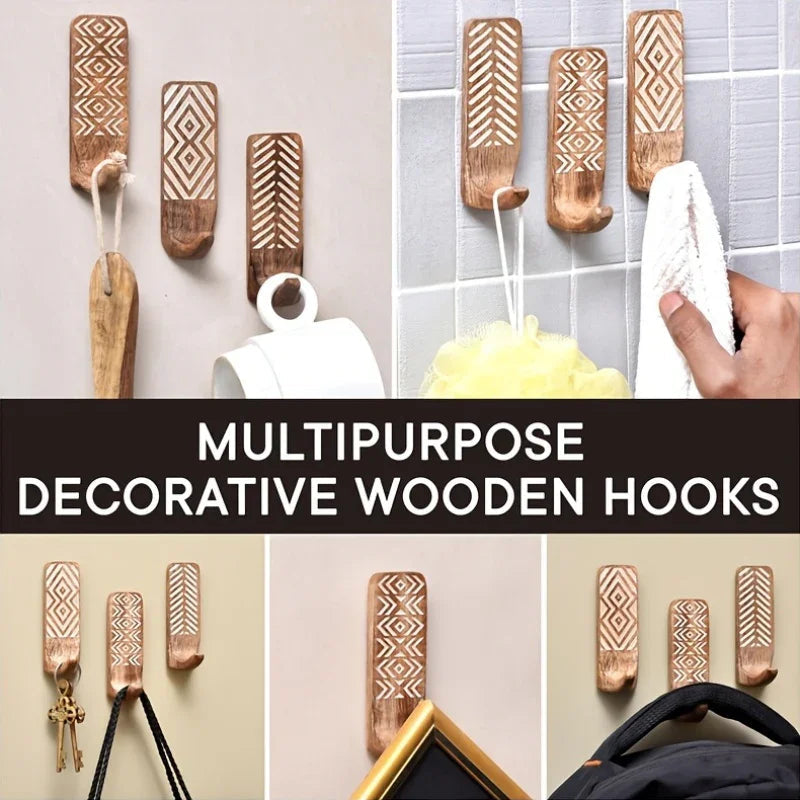 3pcs Boho Wooden Wall Hooks Set, Rust Resistant, Easy Install Adhesive, Perfect for Bathroom & Home Decor, Convenient Hanging for Clothes, Hats, Towels, Utility Hooks