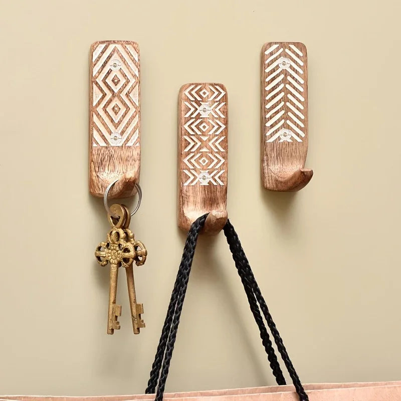 3pcs Boho Wooden Wall Hooks Set, Rust Resistant, Easy Install Adhesive, Perfect for Bathroom & Home Decor, Convenient Hanging for Clothes, Hats, Towels, Utility Hooks