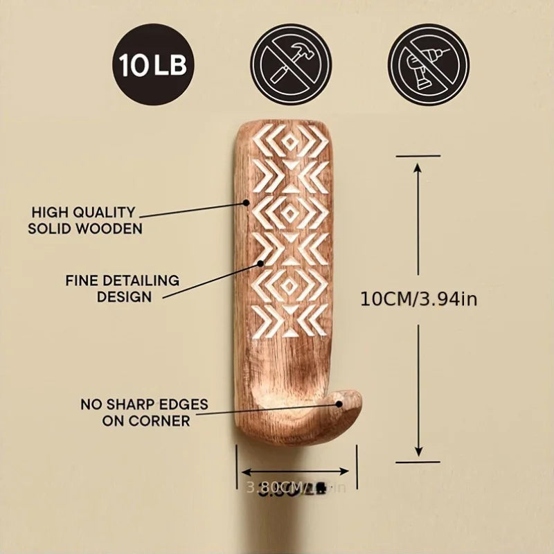 3pcs Boho Wooden Wall Hooks Set, Rust Resistant, Easy Install Adhesive, Perfect for Bathroom & Home Decor, Convenient Hanging for Clothes, Hats, Towels, Utility Hooks