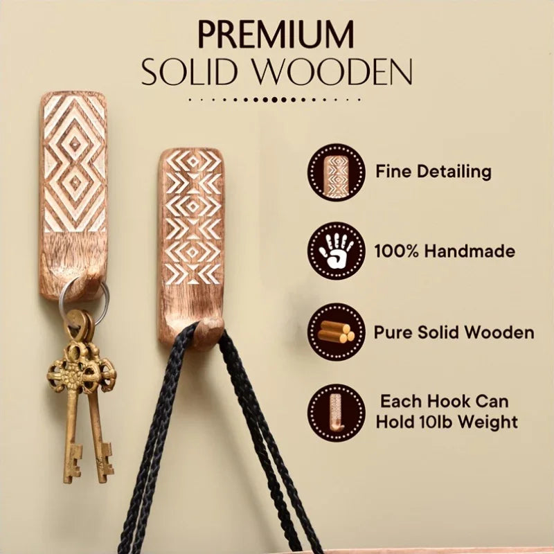 3pcs Boho Wooden Wall Hooks Set, Rust Resistant, Easy Install Adhesive, Perfect for Bathroom & Home Decor, Convenient Hanging for Clothes, Hats, Towels, Utility Hooks