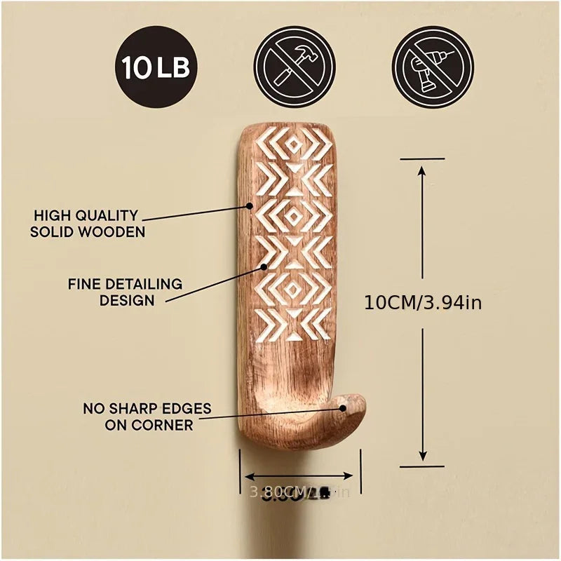 3pcs Boho Wooden Wall Hooks Set, Rust Resistant, Easy Install Adhesive, Perfect for Bathroom & Home Decor, Convenient Hanging for Clothes, Hats, Towels, Utility Hooks