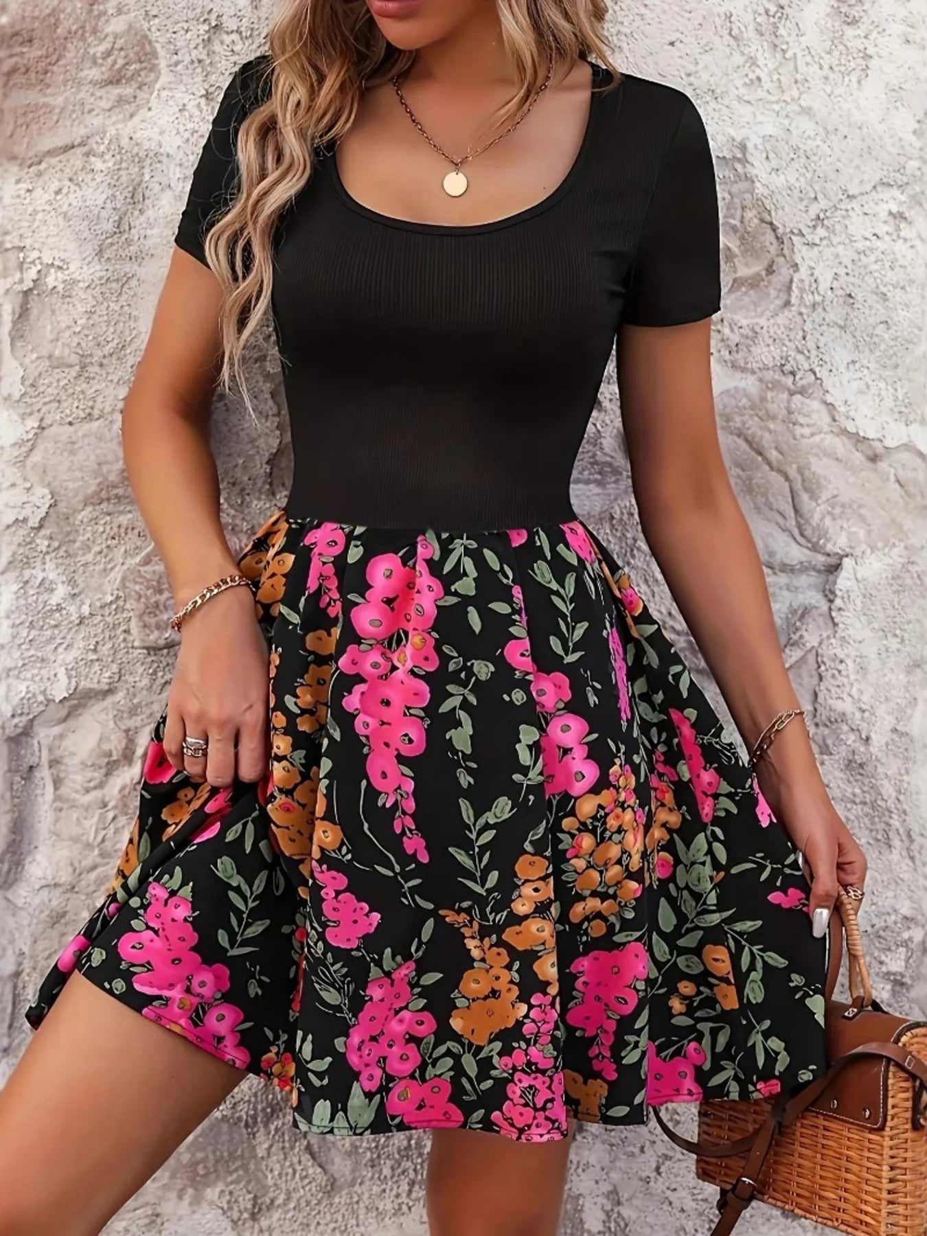 Floral Print Short Sleeve Mini Dress