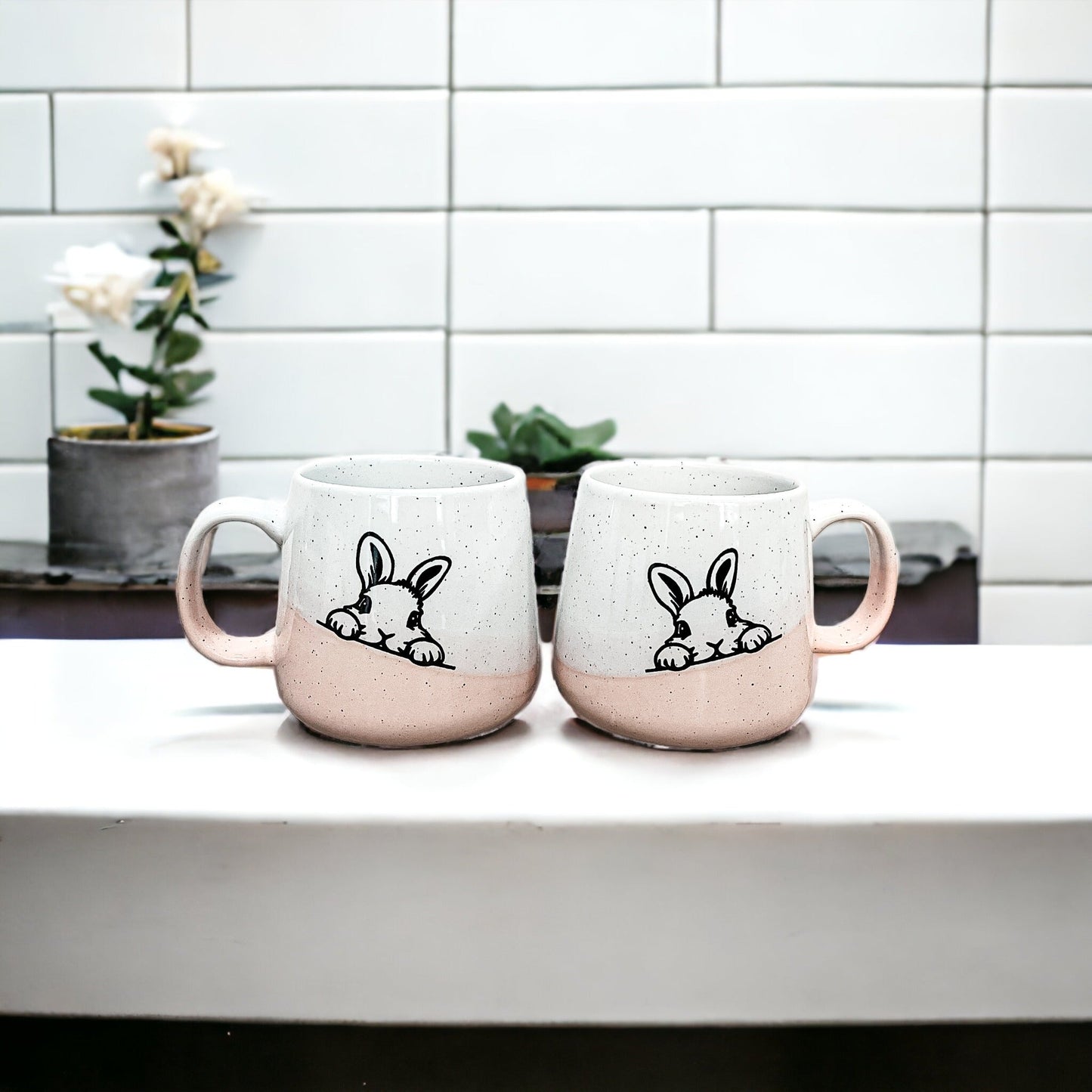 Farmhouse Ceramic Bunny Mug Hand-Painted Ivory With Pastel Pink Base, 12 Oz