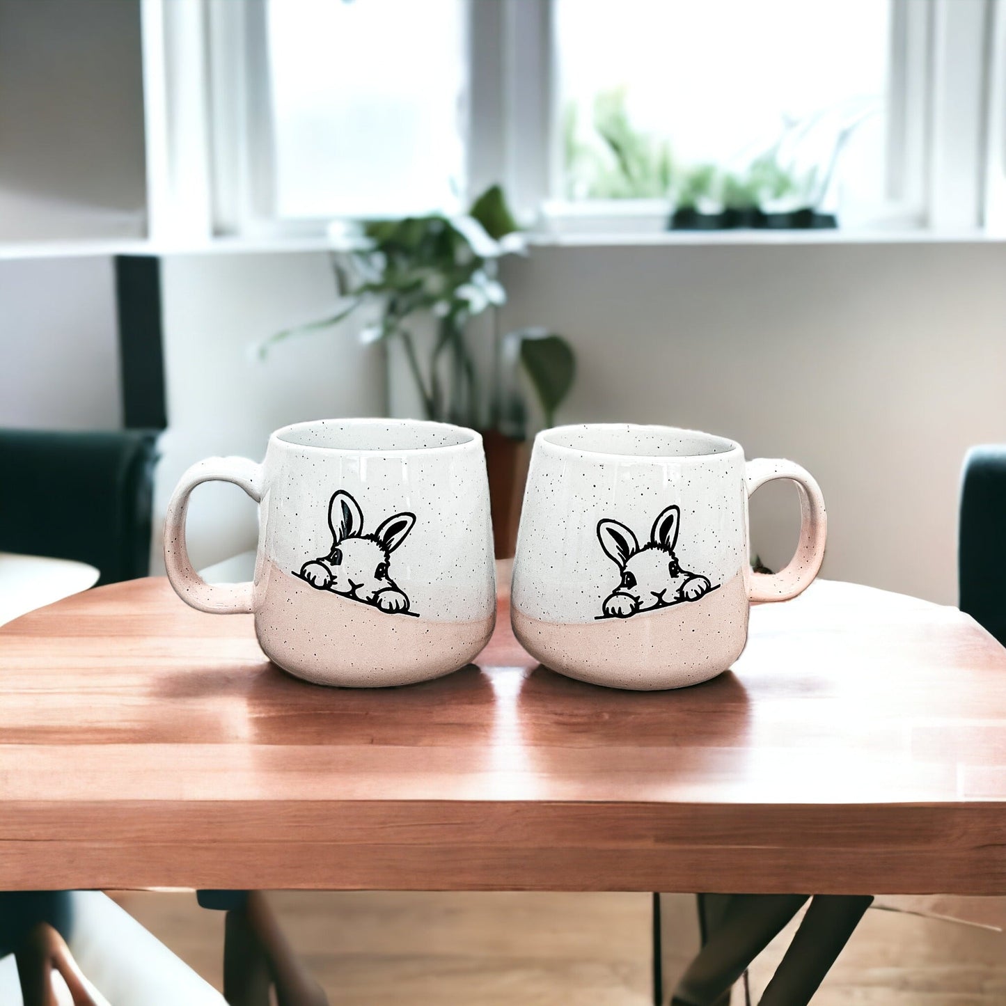 Farmhouse Ceramic Bunny Mug Hand-Painted Ivory With Pastel Pink Base, 12 Oz
