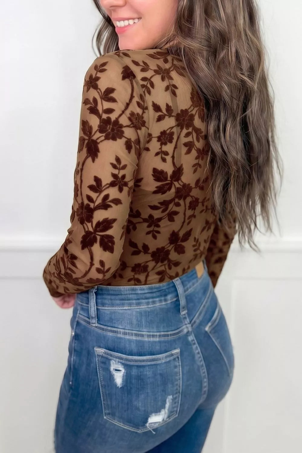 Floral Mesh Long Sleeve Round Neck Casual Sheath Top