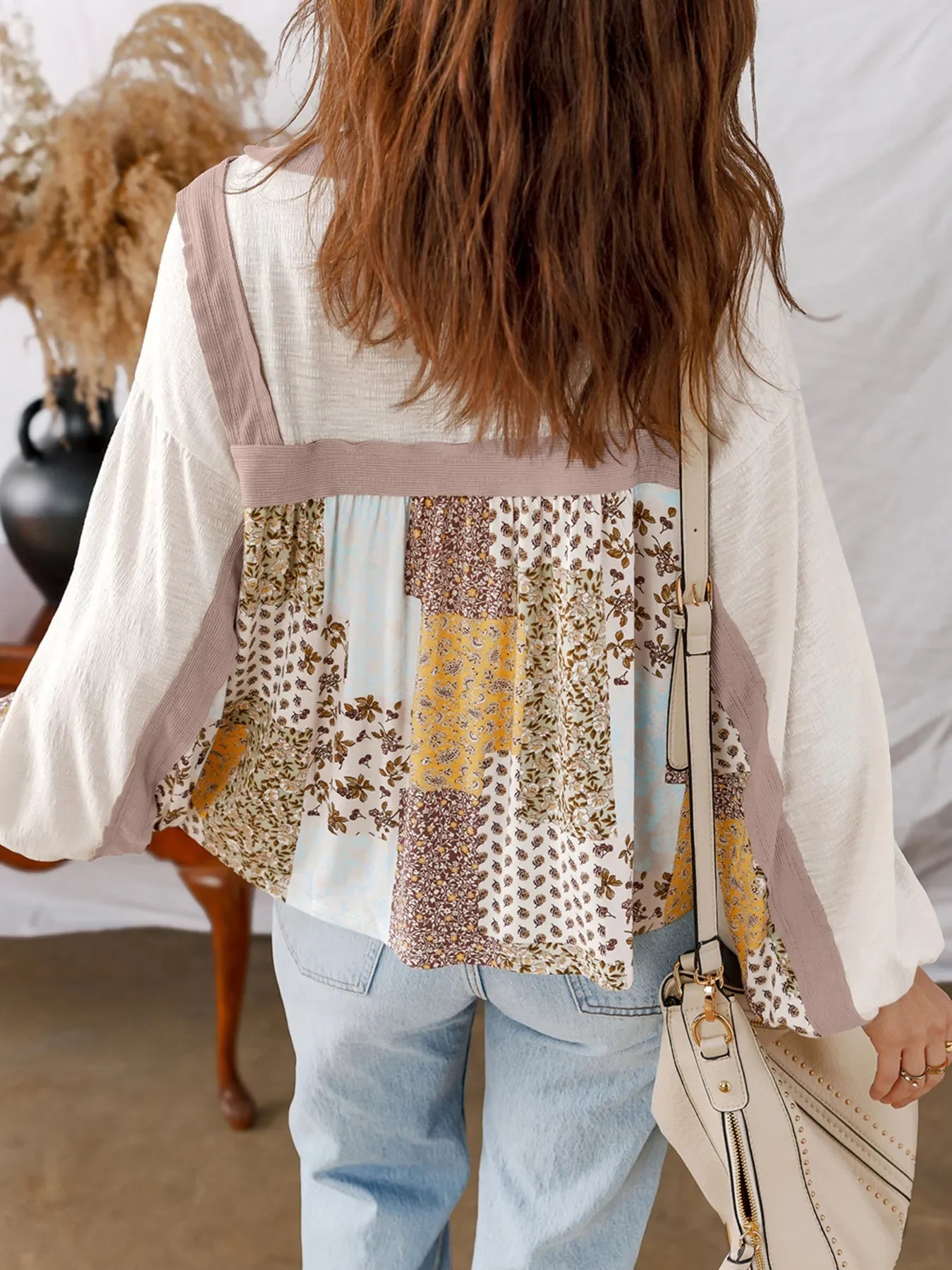 Floral Printed Contrast Patchwork Long Sleeve Top