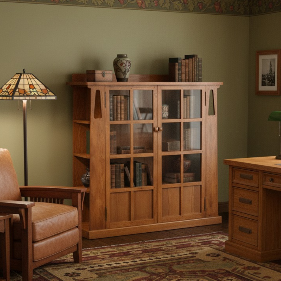 Mission Double Door Bookcase with Side Shelves - Michael's Cherry