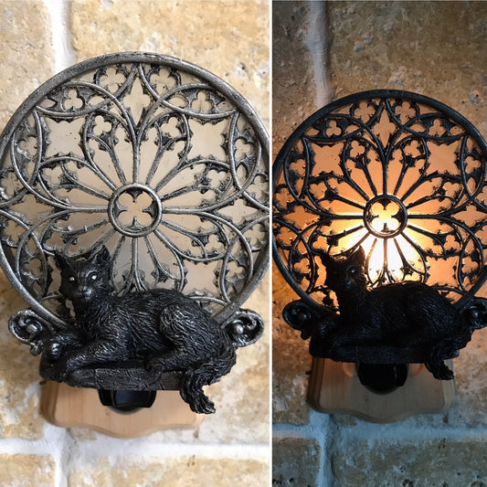 Cat and Gothic Cathedral Window Nightlight, Resin Sculpture | Medieval Gothic Night Light | Black Cat Lighting for Gothic Fantasy Home Decor