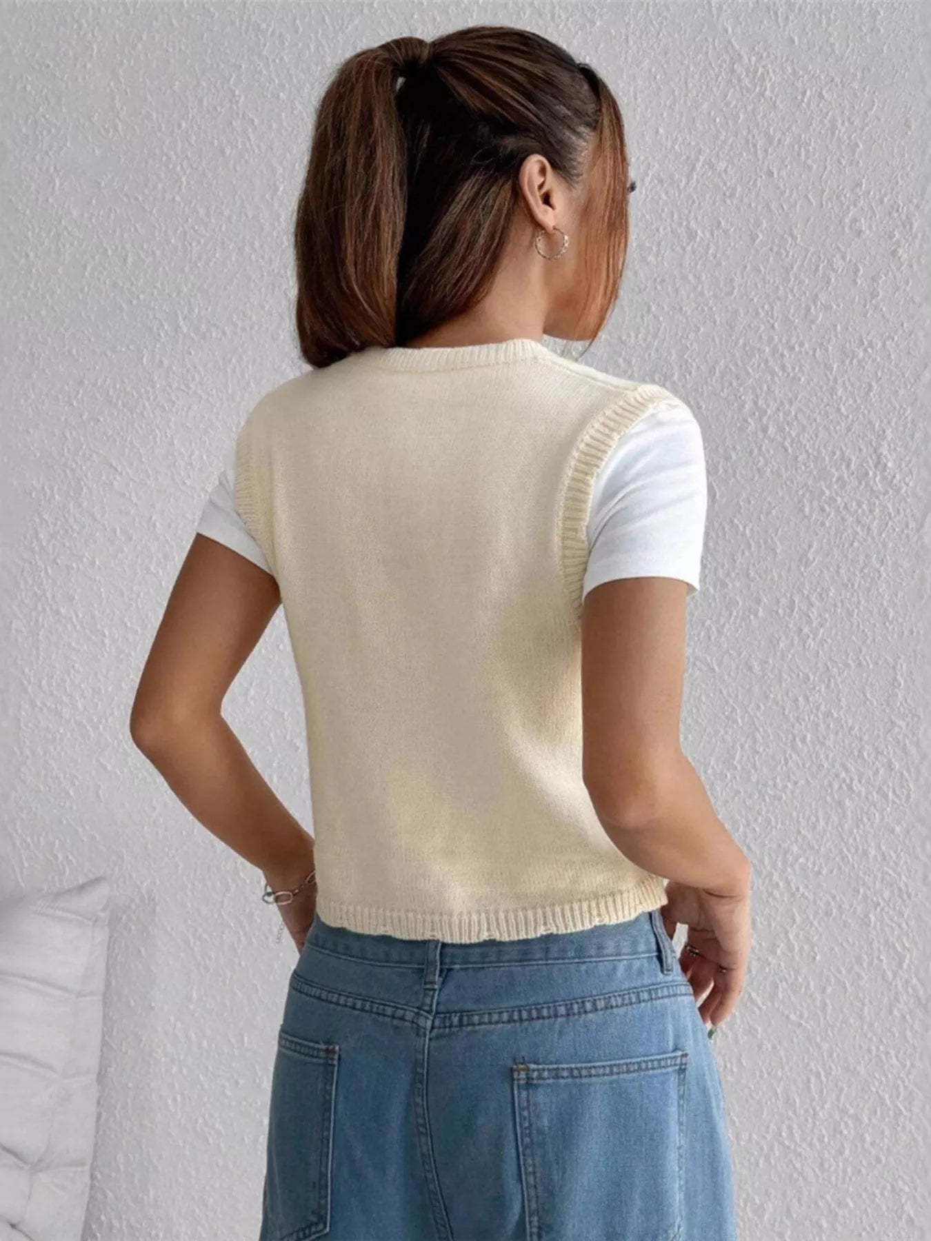 Embroidered Button Up Sweater Vest