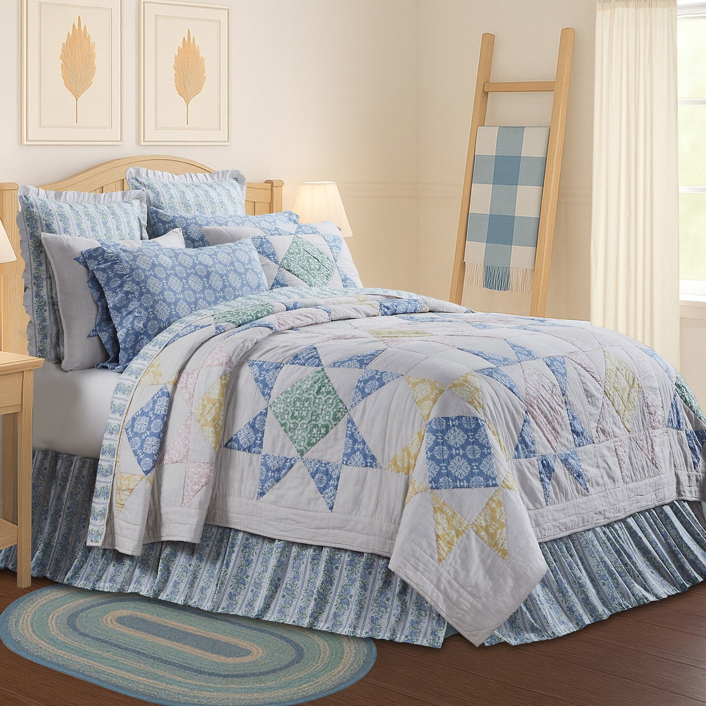 Jolie Blue Patchwork Bedding Set - Coastal Farmhouse Quilt & Shams